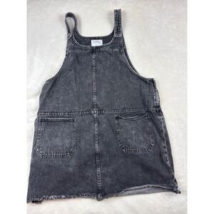 Tinsel Town Womens XL Black Acid Wash Denim Pinafore Overall Mini Dress Frayed